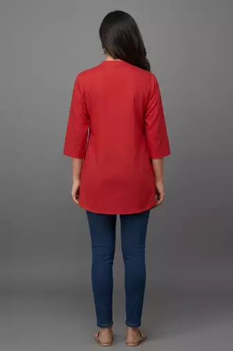 Red golden leaf embroidered short kurti