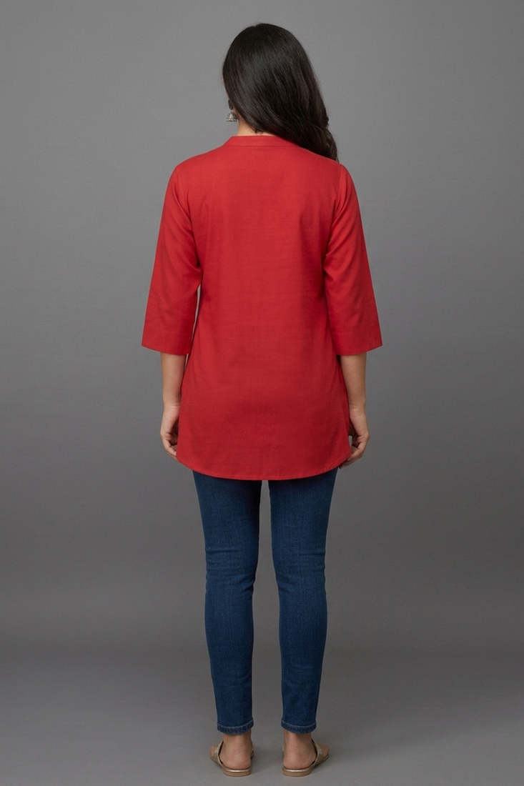 Red golden leaf embroidered short kurti