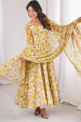 Yellow printed georgette anarkali kurti