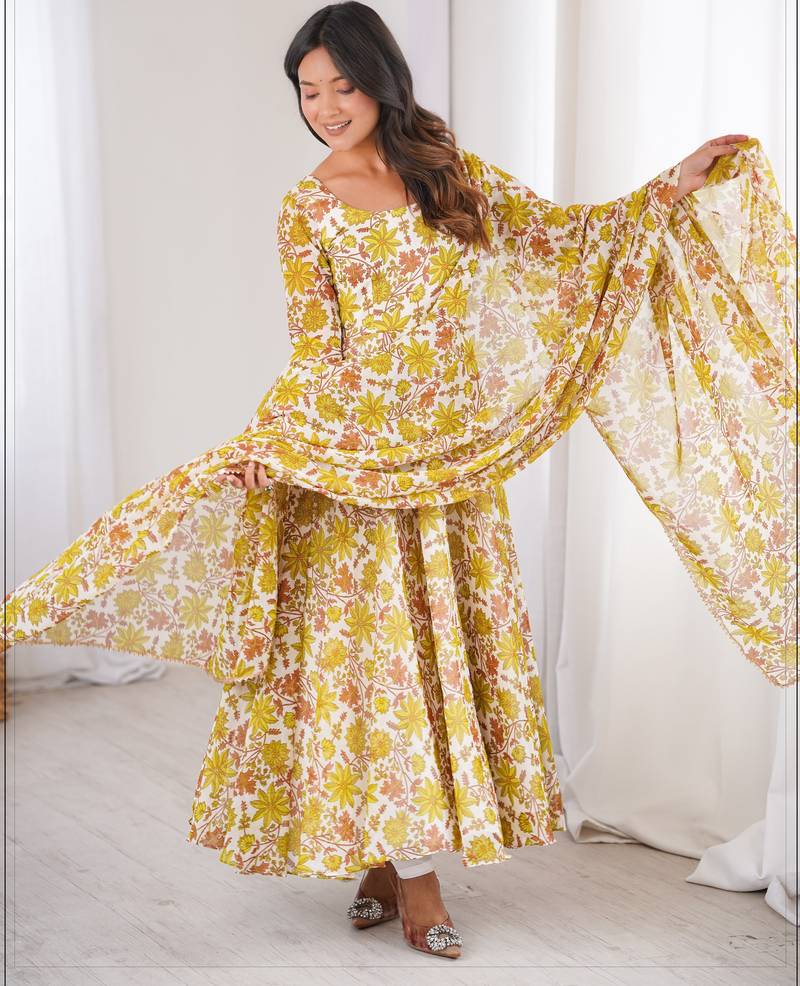 Yellow printed georgette anarkali kurti