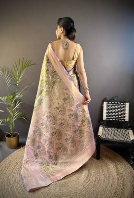 olive silk blend blend zari woven saree with unstitched blouse piece. 4