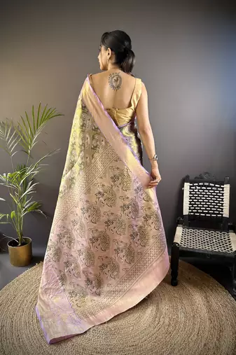 olive silk blend blend zari woven saree with unstitched blouse piece.