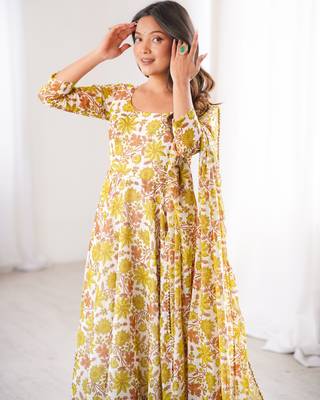 Yellow printed georgette anarkali kurti 3
