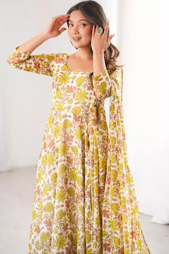Yellow printed georgette anarkali kurti