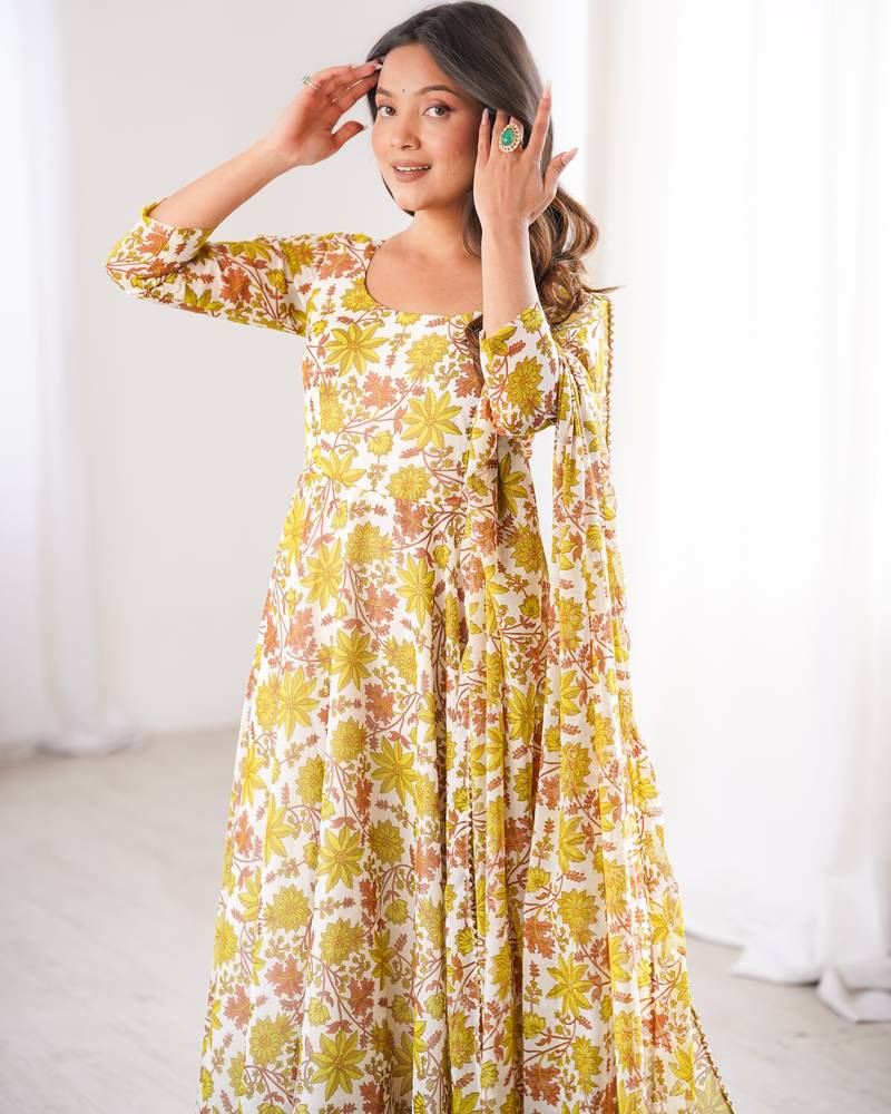 Yellow printed georgette anarkali kurti