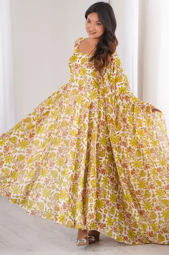 Yellow printed georgette anarkali kurti