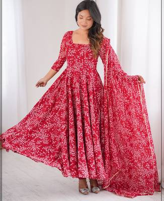Red printed georgette anarkali kurti 1