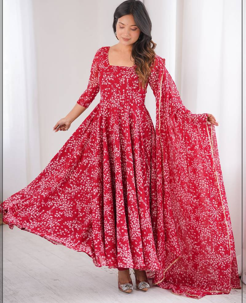 Red printed georgette anarkali kurti