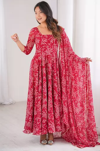 Red printed georgette anarkali kurti