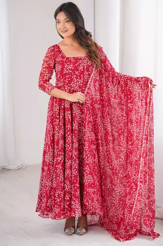 Red printed georgette anarkali kurti
