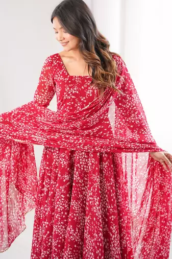 Red printed georgette anarkali kurti