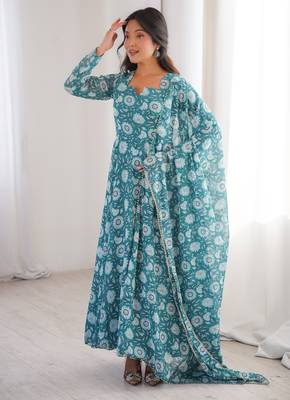 Sky blue printed georgette anarkali kurti 1