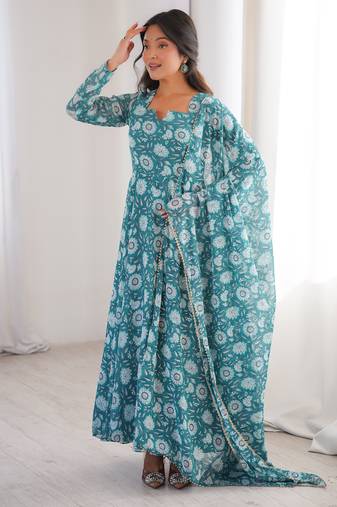 Sky blue printed georgette anarkali kurti