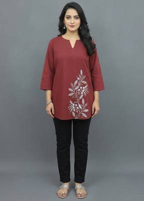 Maroon floral embroidered short kurti 1