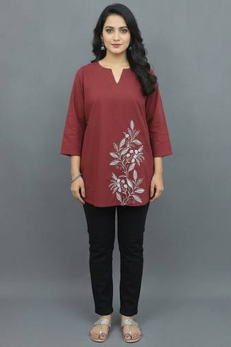 Maroon floral embroidered short kurti