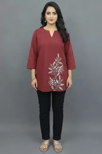Maroon floral embroidered short kurti
