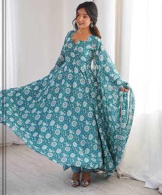 Sky blue printed georgette anarkali kurti 2