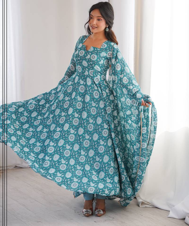 Sky blue printed georgette anarkali kurti
