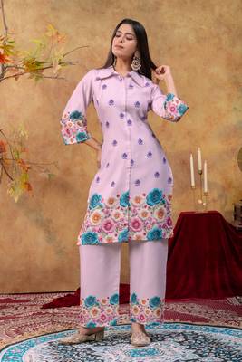 Lavender cotton soft-tone printed kurta pant set with floral print & side pocket 1