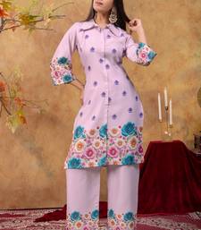 Lavender cotton soft-tone printed kurta pant set with floral print & side pocket