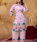 Lavender cotton soft-tone printed kurta pant set with floral print & side pocket