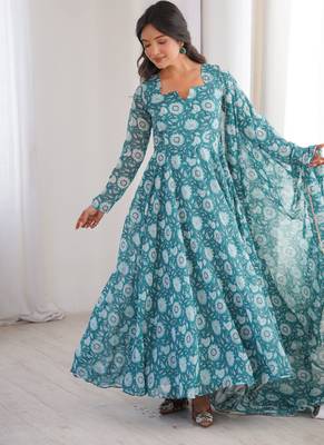 Sky blue printed georgette anarkali kurti 3