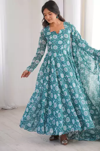 Sky blue printed georgette anarkali kurti