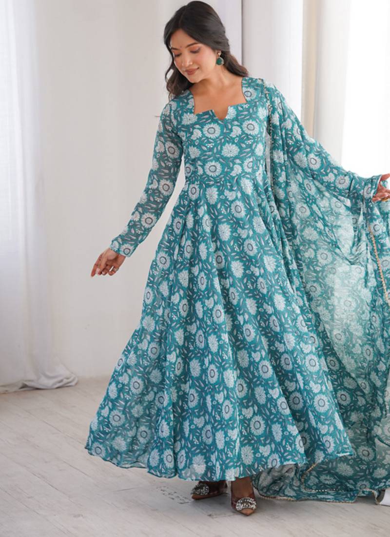 Sky blue printed georgette anarkali kurti