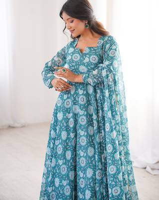 Sky blue printed georgette anarkali kurti 4
