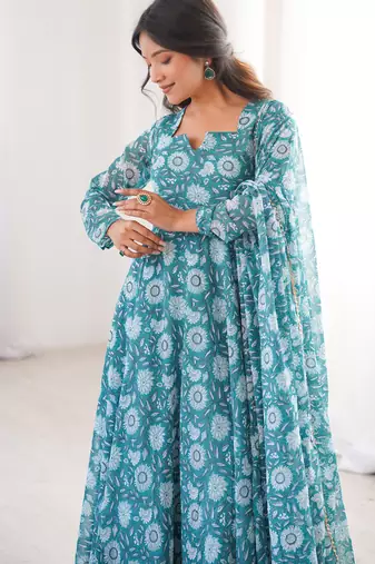 Sky blue printed georgette anarkali kurti