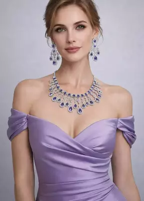 Purple Crystal Bridal Necklace Earrings Set | Silver Tone CZ Jewelry 1