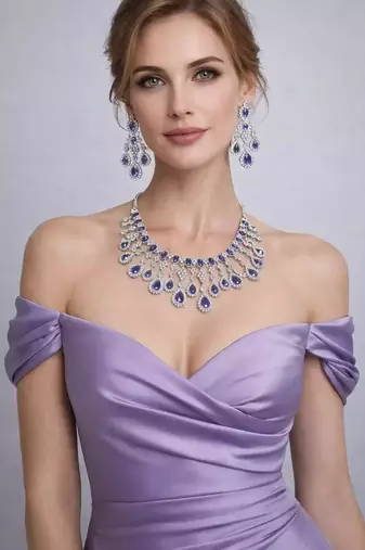 Purple Crystal Bridal Necklace Earrings Set | Silver Tone CZ Jewelry