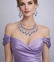 Purple Crystal Bridal Necklace Earrings Set | Silver Tone CZ Jewelry