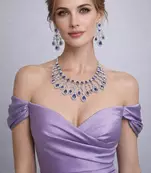 Purple Crystal Bridal Necklace Earrings Set | Silver Tone CZ Jewelry