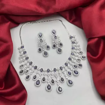 Purple Crystal Bridal Necklace Earrings Set | Silver Tone CZ Jewelry 2