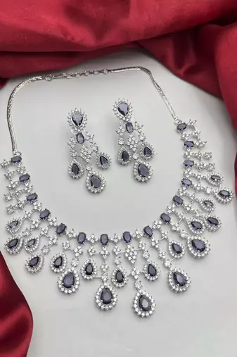 Purple Crystal Bridal Necklace Earrings Set | Silver Tone CZ Jewelry