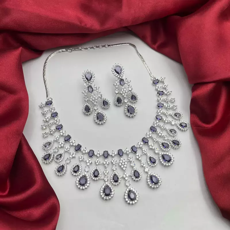 Purple Crystal Bridal Necklace Earrings Set | Silver Tone CZ Jewelry