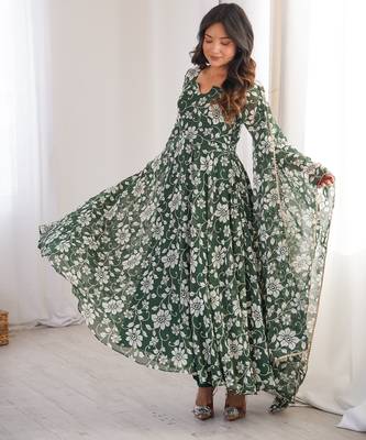 Green printed georgette anarkali kurti 1