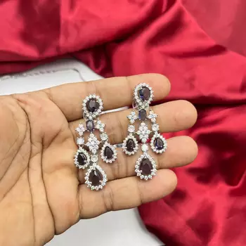 Purple Crystal Bridal Necklace Earrings Set | Silver Tone CZ Jewelry 3