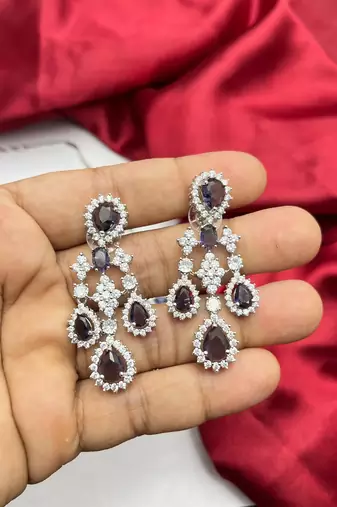 Purple Crystal Bridal Necklace Earrings Set | Silver Tone CZ Jewelry
