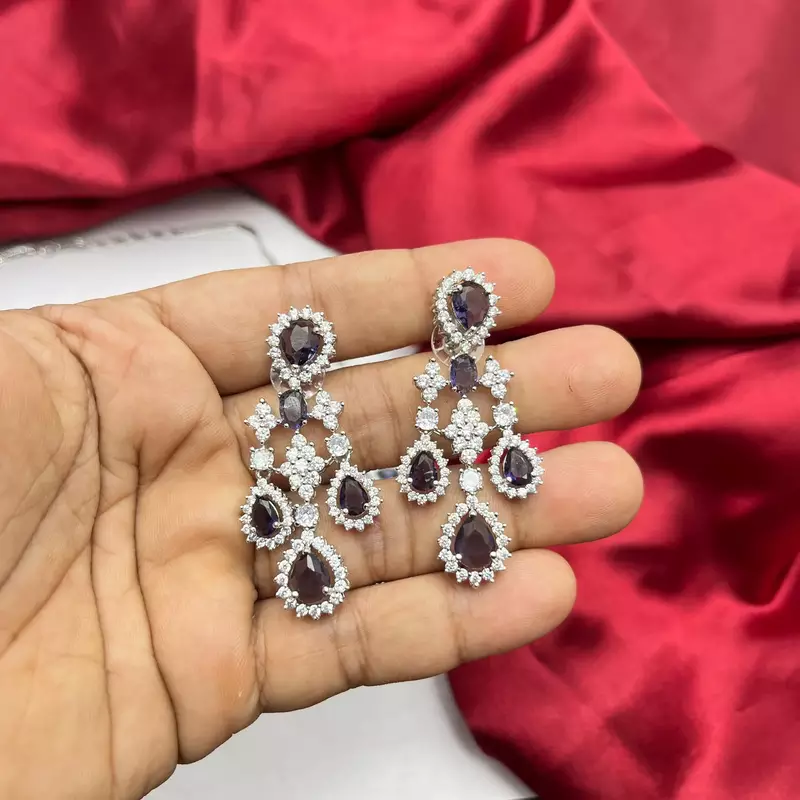 Purple Crystal Bridal Necklace Earrings Set | Silver Tone CZ Jewelry
