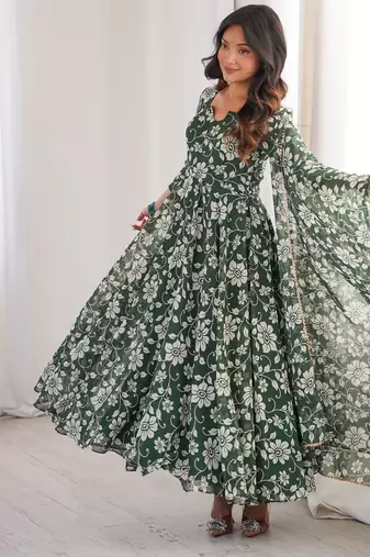 Green printed georgette anarkali kurti