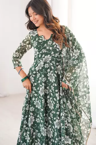 Green printed georgette anarkali kurti