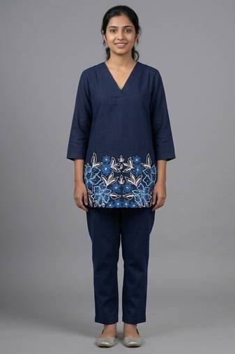 Blue floral embroidered short kurti co-ord set