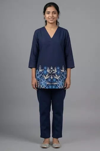Blue floral embroidered short kurti co-ord set