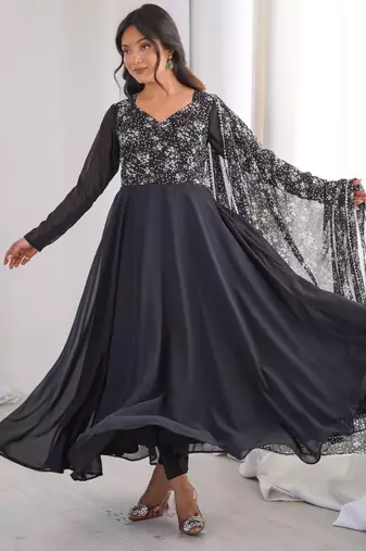 Black printed georgette anarkali kurti