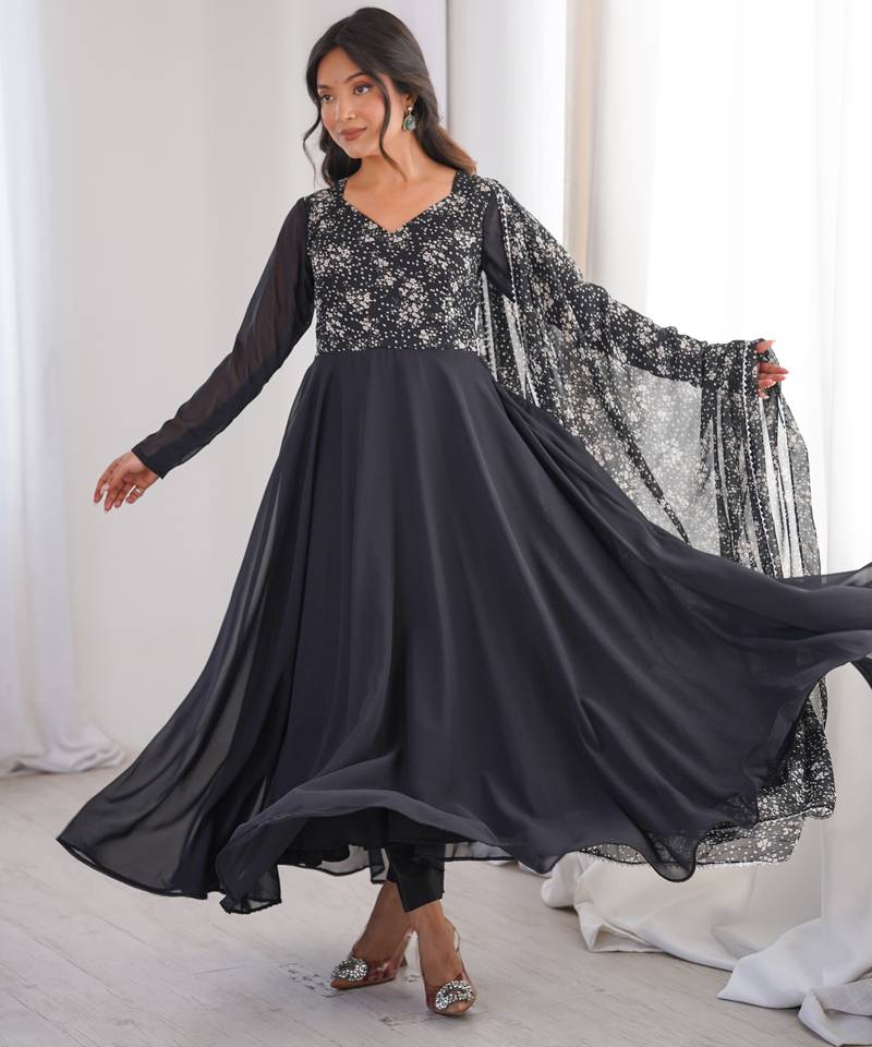 Black printed georgette anarkali kurti