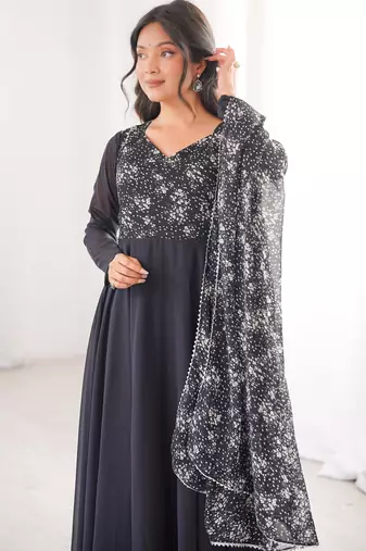 Black printed georgette anarkali kurti