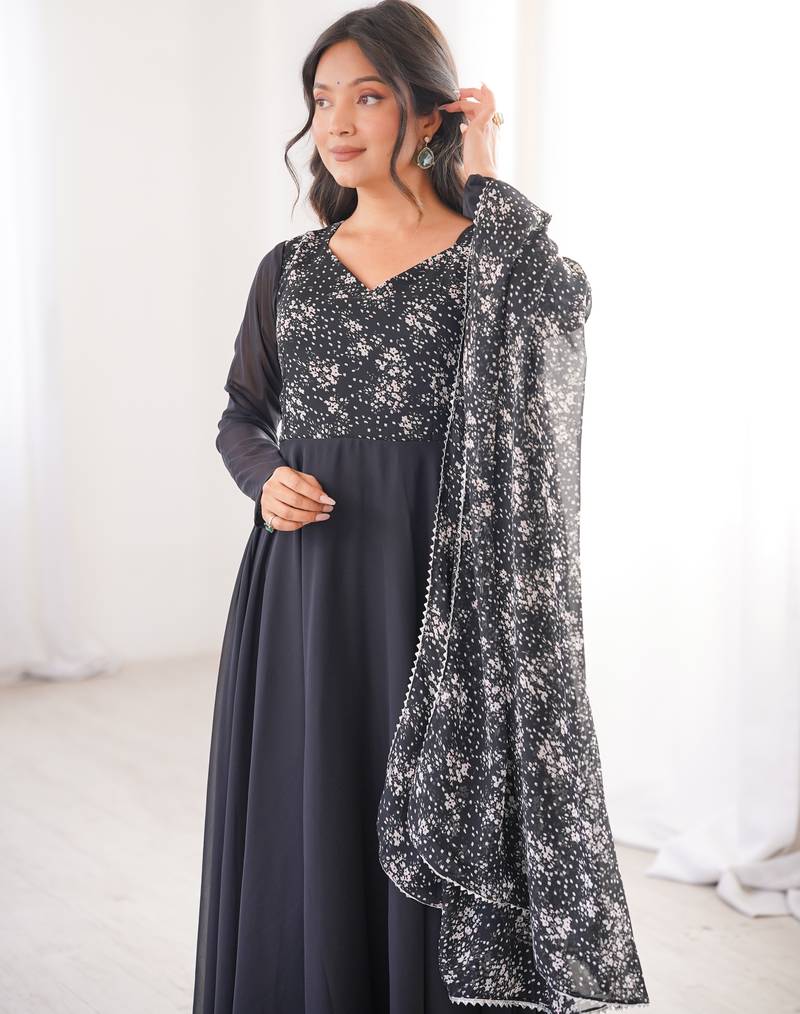 Black printed georgette anarkali kurti