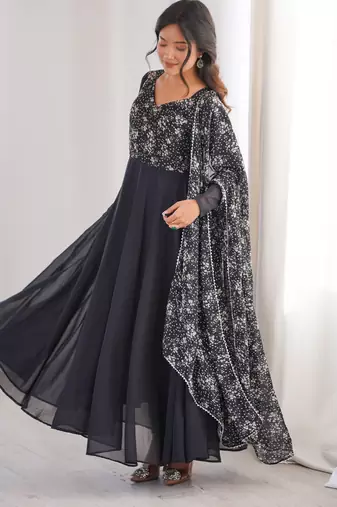 Black printed georgette anarkali kurti
